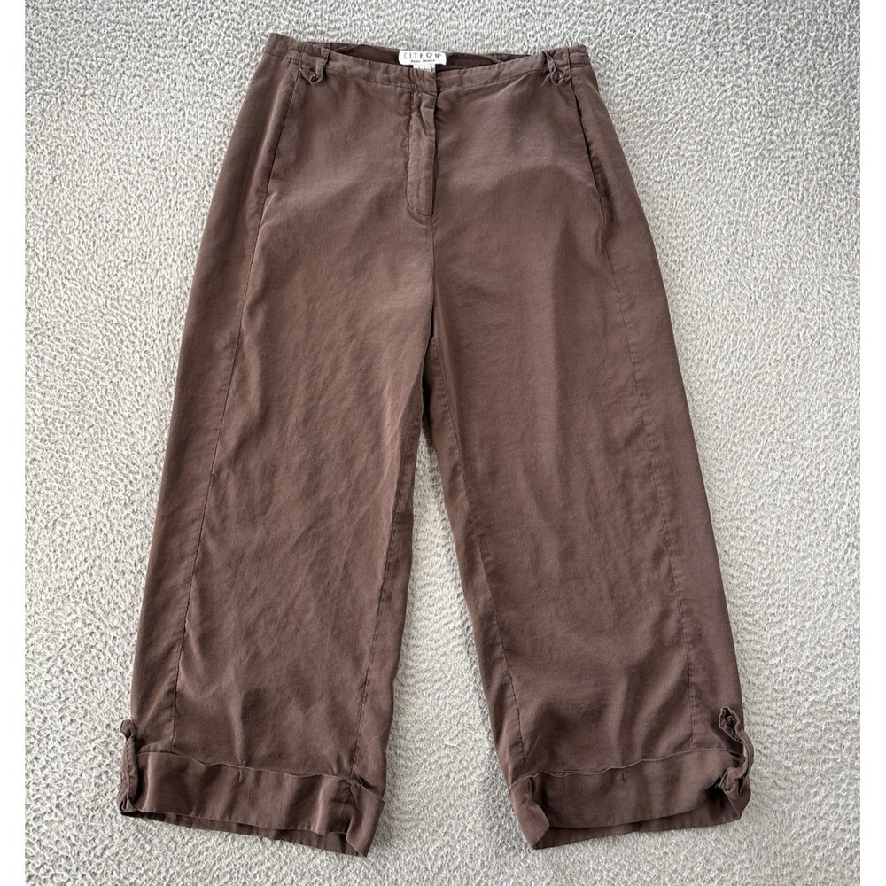 Citron Santa Monica Pants Womens Large Wide Leg Cuffed Cropped‎ Silk Linen Blend